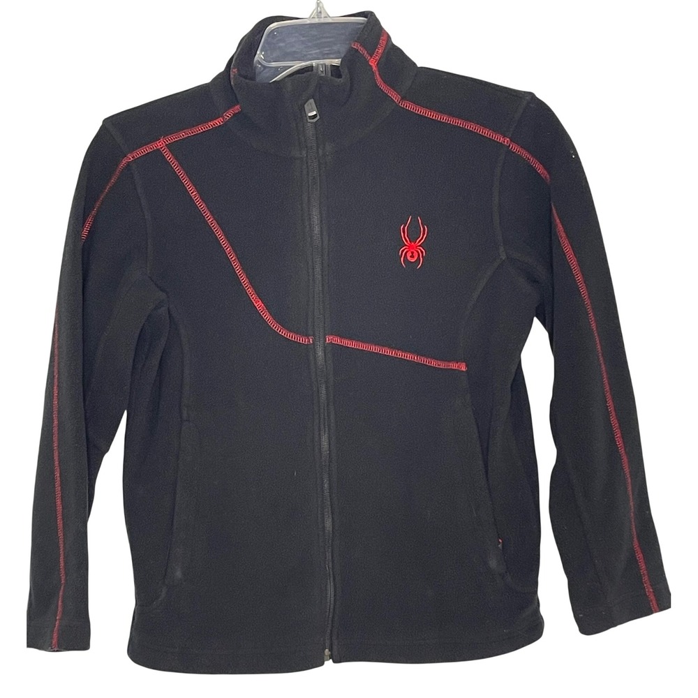 Spyder Youth Boys Medium Black Full Zip Fleece Jacket Red Contrast Stitching